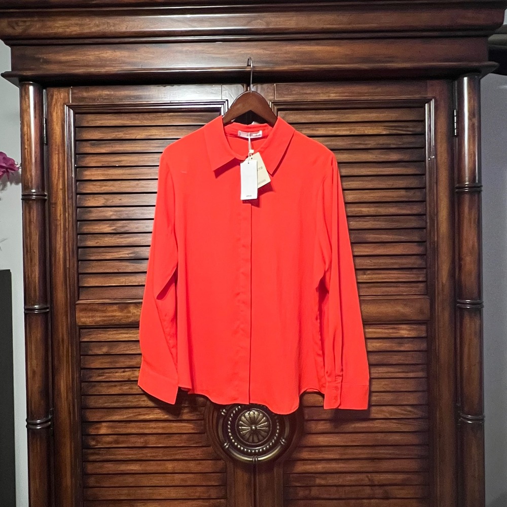 NWT Mango MNG Committed Coral Red Button Down Blouse Long Sleeve Top Size XXL